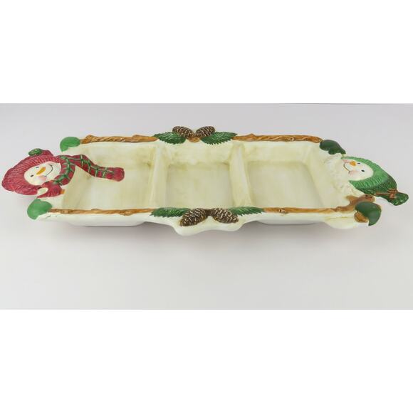 BICO Snowman Divided Serving Tray 16” Ceramic Christmas 3Section Holiday Platter - Picture 3 of 10